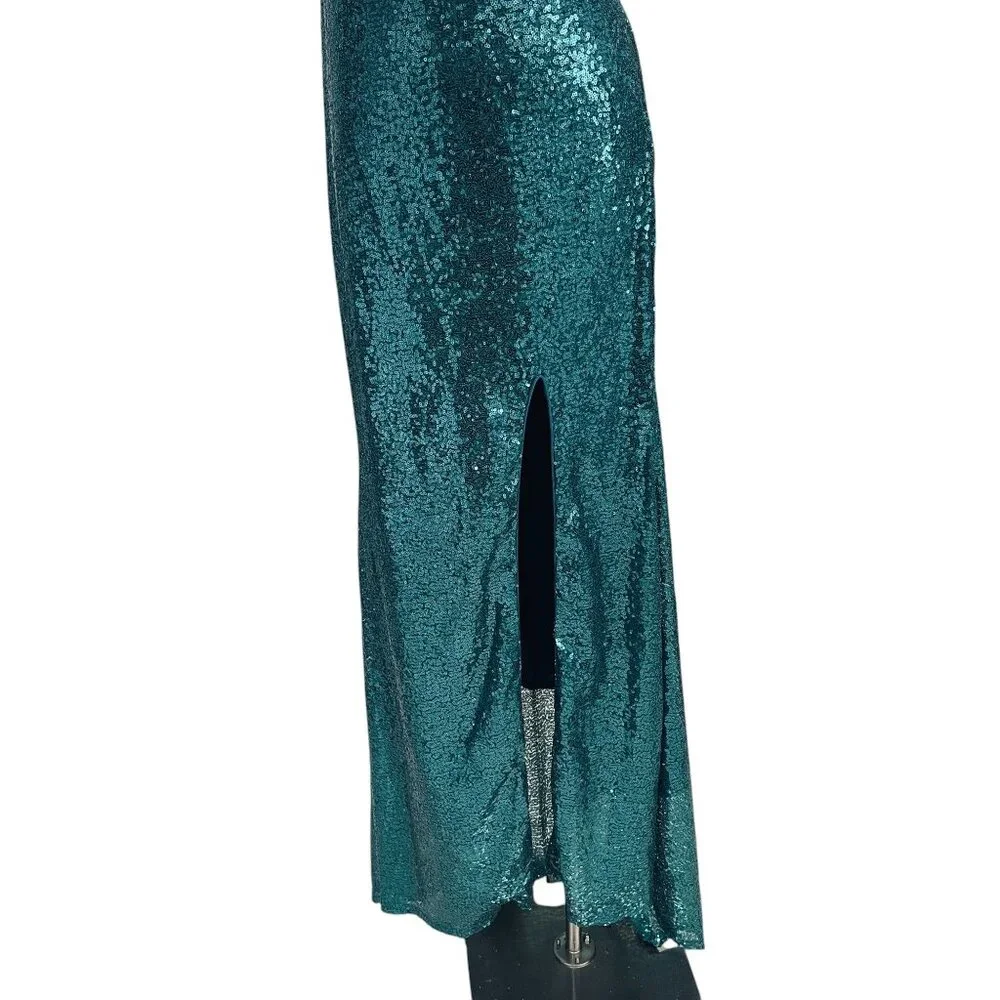 Teal Sequin One Shoulder Slit Maxi Dress Formal Gown Prom‎ Y2K Party Sexy - Picture 5 of 11